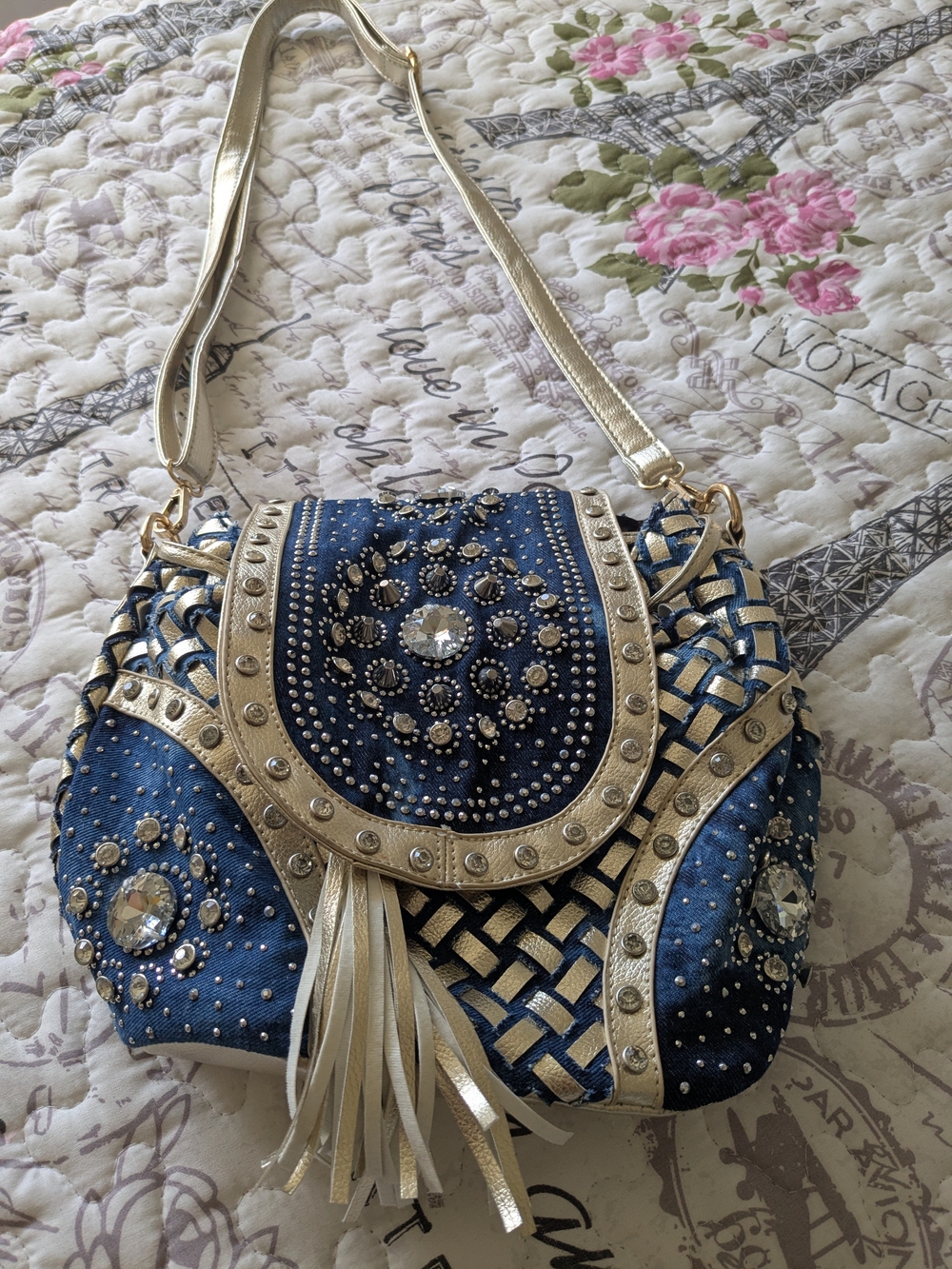 New Never Worn Blue and Gold Rhinestone Shoulder Bag with Tassel